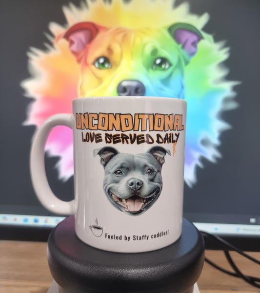 "Unconditional Love Served Daily” Staffy – Fueled by Staffy Cuddles Mug
